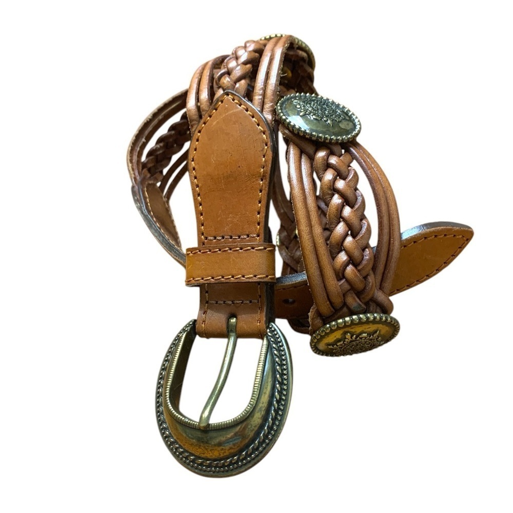 Western or Bohemian Brown leather belt with bronze medallions and buckle